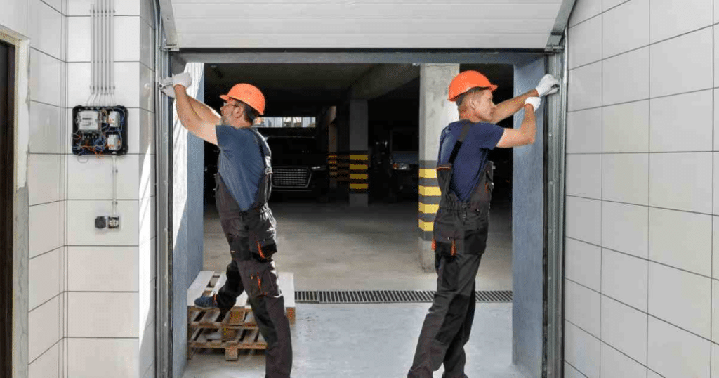 Two workers install garage door rails.