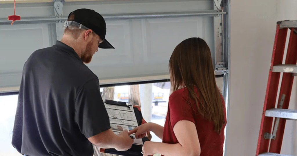 Technician explains garage door repair cost.