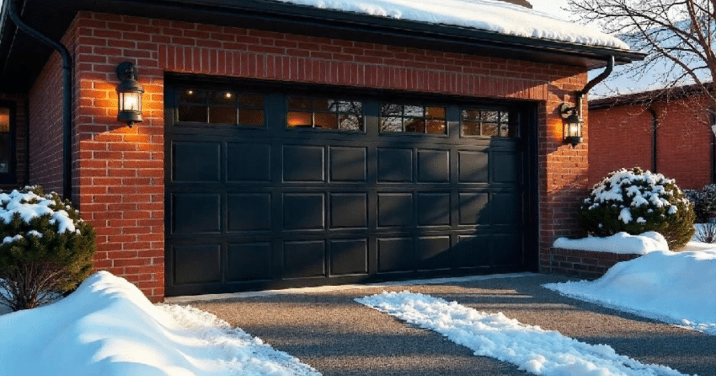 red brick house with black garage door